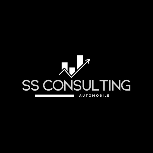 Logo of SS Consulting Automobile featuring bar charts with an upward arrow on a black background.